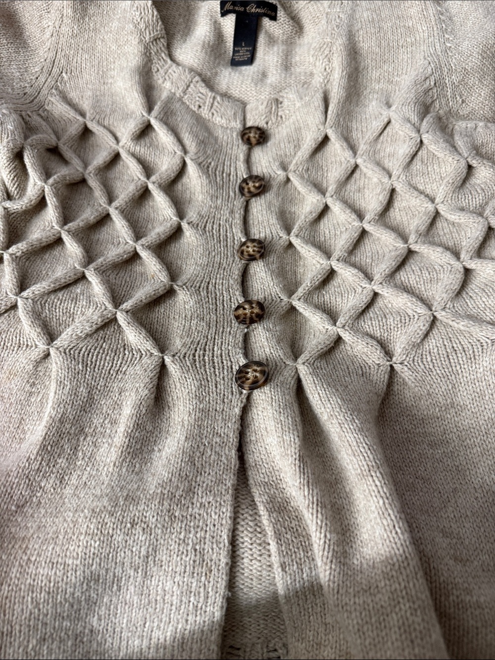 Marisa Christina Beige Cream Textured Knit Cardigan with Tortoise Buttons
